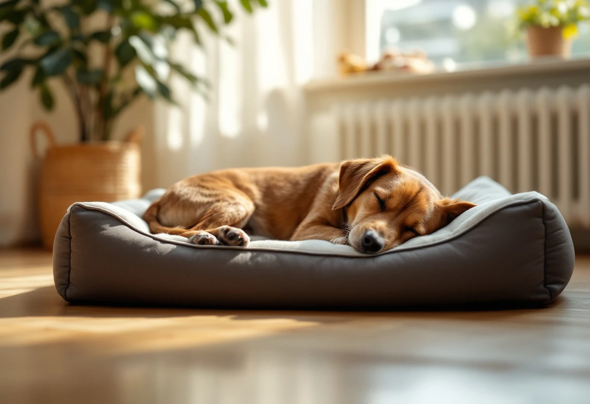 A medium-sized brown dog peacefully sleeping on a cooling dog bed in a sunlit modern apartment.